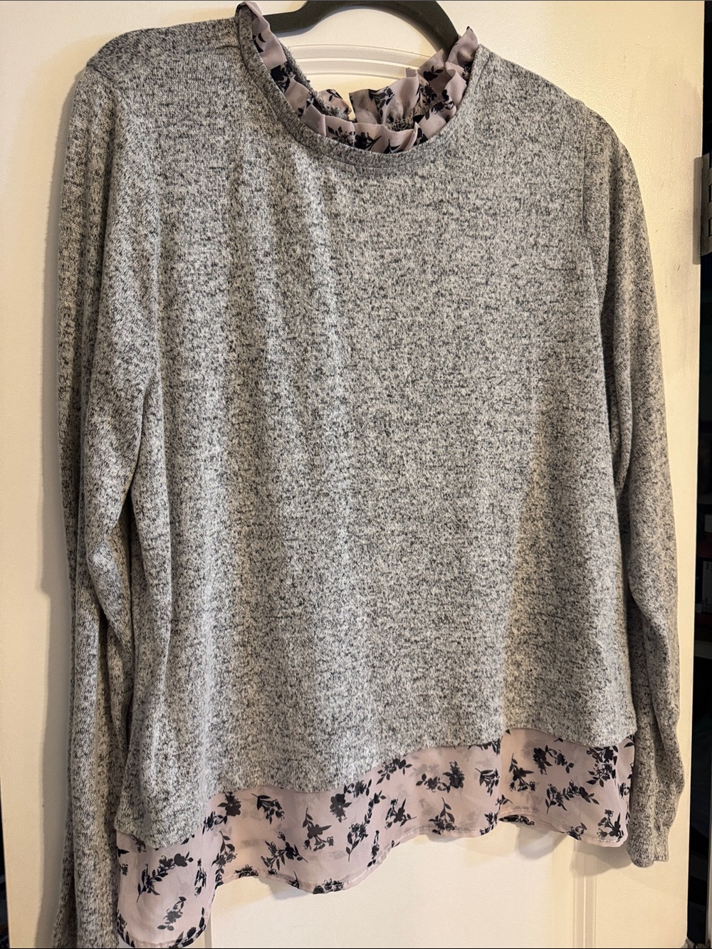 Carolyn Taylor Gray Knit Layered Sweater with Lavender Floral Hem
